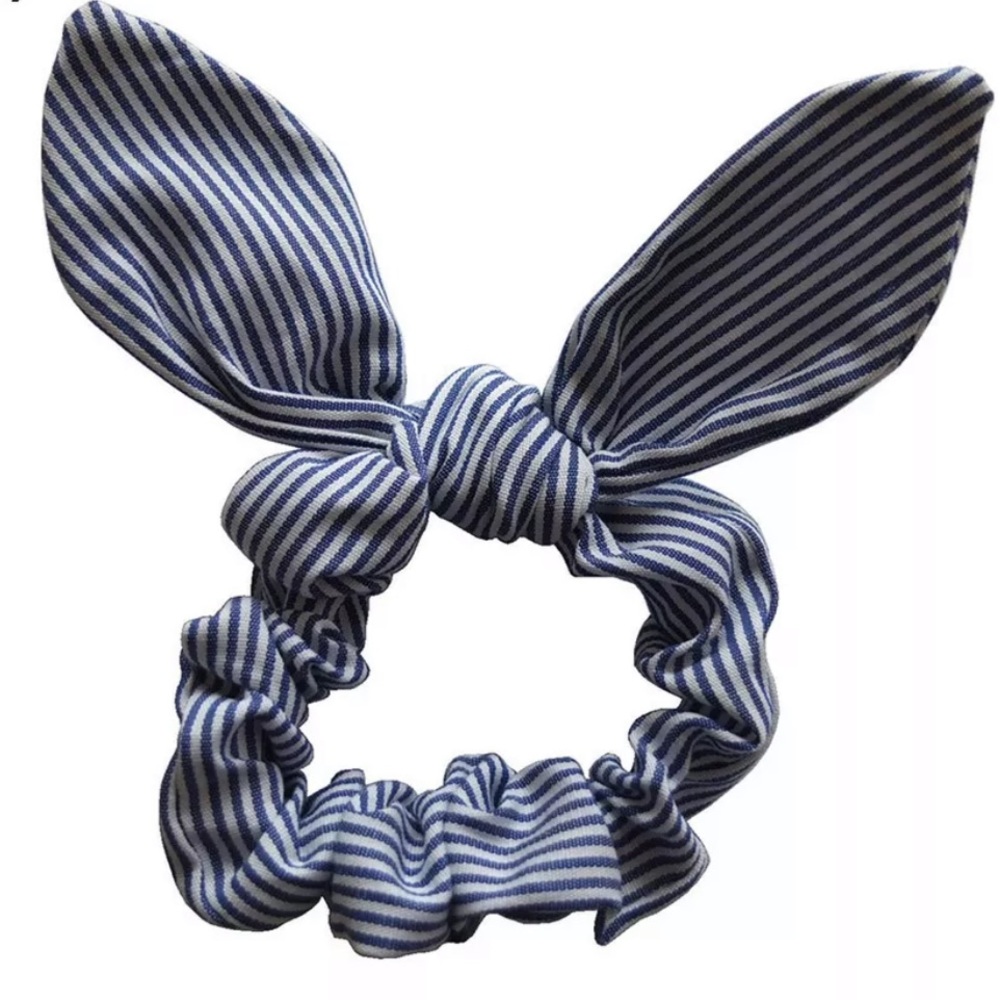 Blue and white striped rabbit ear scrunchie
